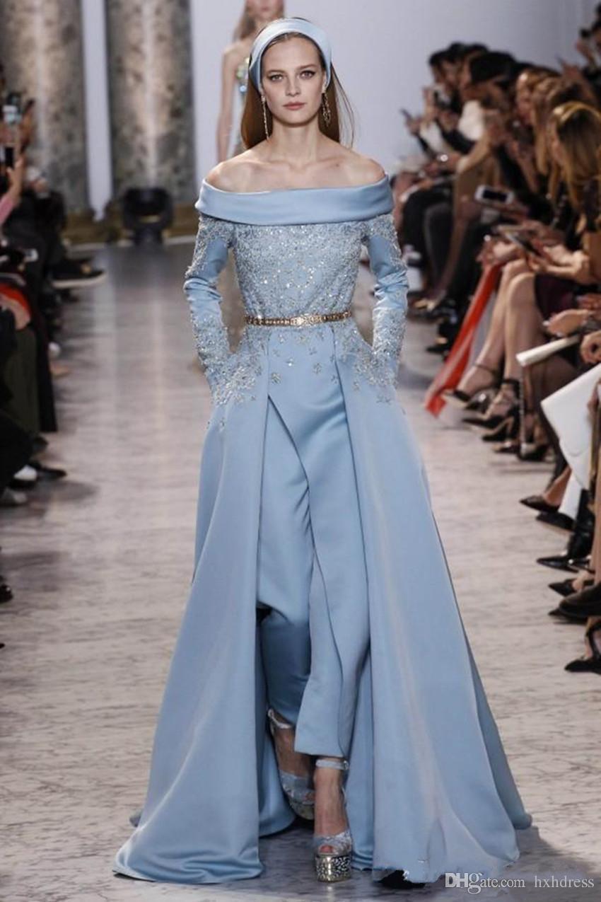 2019 Latest Jumpsuit Evening Dresses Bateau Neck Long Sleeve Prom Dress Lace Applique Sash Overskirts Custom Made Formal Party Gowns