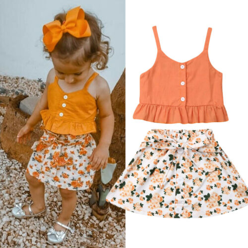 Kids Girls Princess Clothes Set Sweet Baby Girl Summer Clothes Outfits Sleeveless Suspenders T-shirt Crop Tops+Floral Skirt 1-6Y