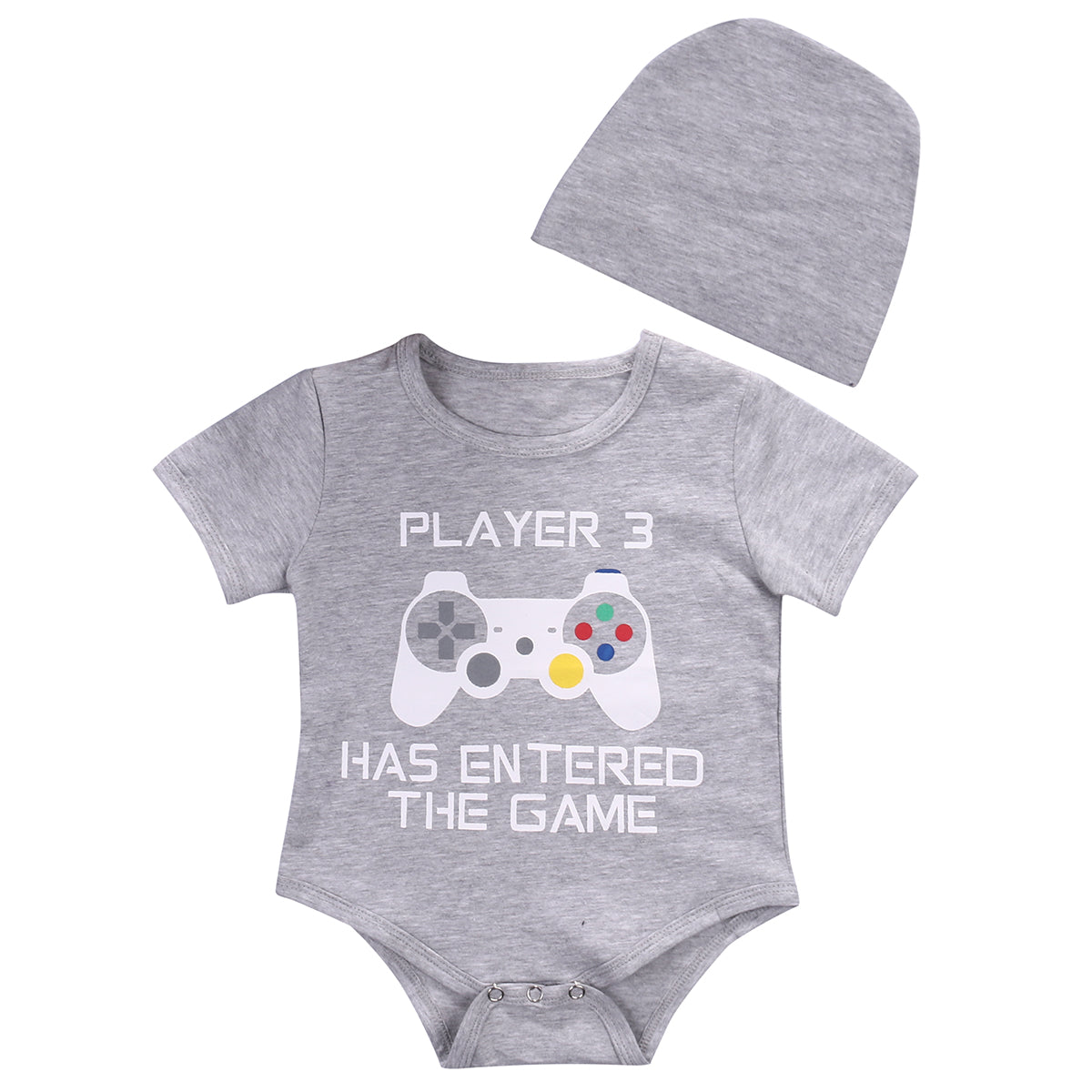 2pcs Baby Set Newborn Infant Baby Girl Boy Clothes Summer Short Sleeve Cartoon Cotton Grey Romper Jumpsuit+Hat Baby Outfits Set