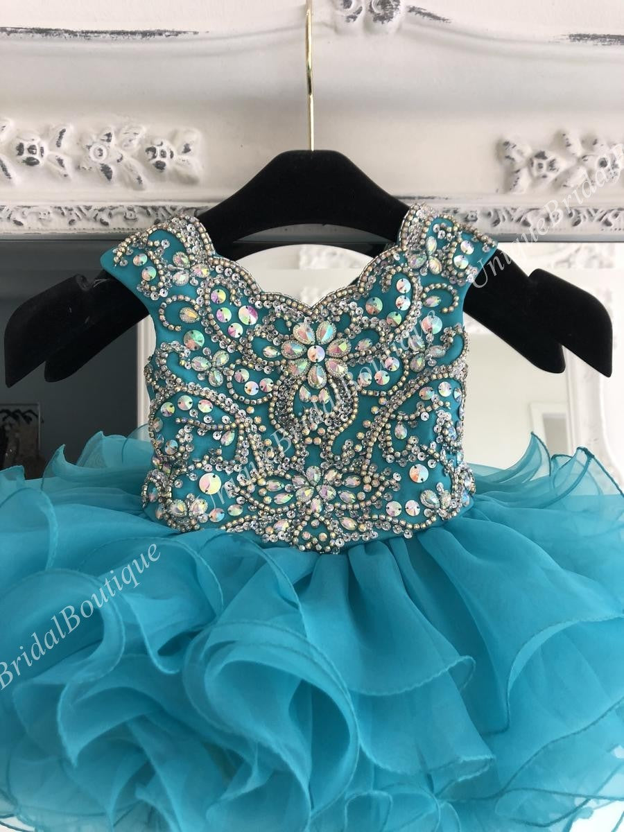 Teal Little Girl Pageant Dress for Infant Toddler Kids 2019 Cupcake Glitz Crystal Rhinestone Ruffle Baby Girl Prom Dance Gown Scalloped Neck