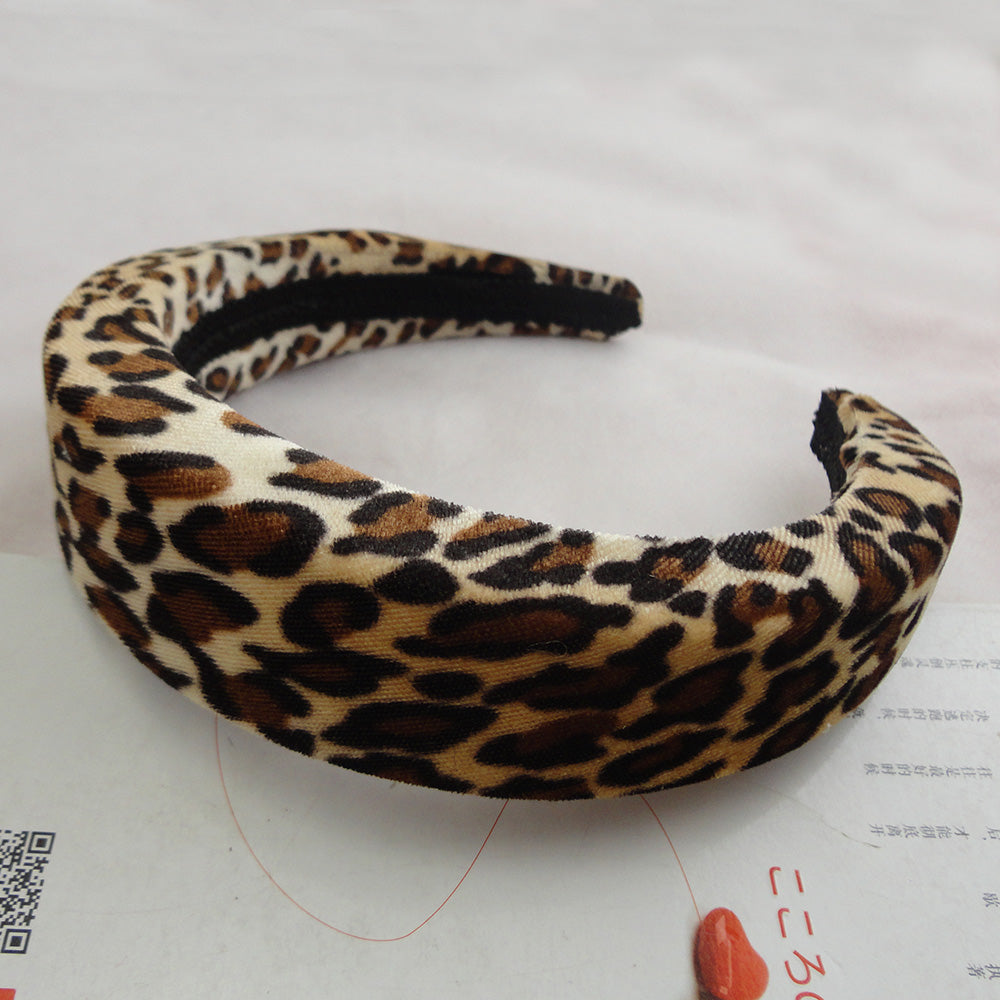 5PCS 4.0cm sponge filled Leopard printing Velvet Fabric Covered Chunky Plastic headbands hair Hoops for women fashion hairbands