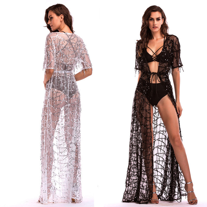 New Short Sleeve Perspective Sequined Dresses and Long Skirts