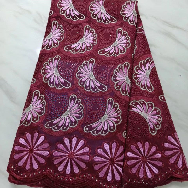 5Yards-pc New fashion wine african high cotton fabric and pink embroidery Swiss voile lace with stone for dress BC71-3