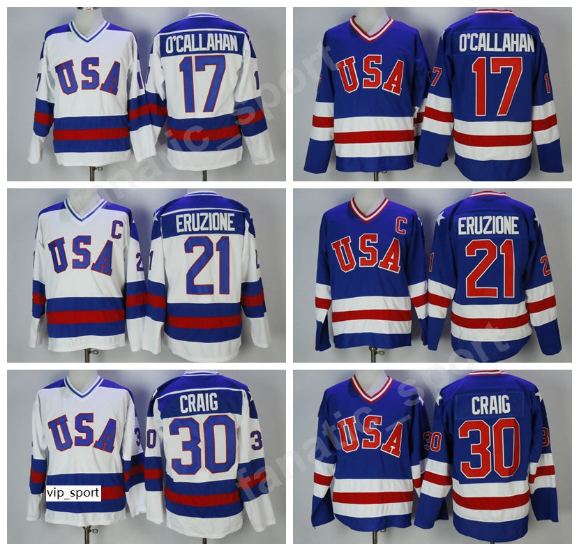 1980 USA Hockey 21 Mike Eruzione Jersey Men Blue White 30 Jim Craig 17 Jack Ocallahan Jerseys Embroidery And Sewing Wholesale And Retail