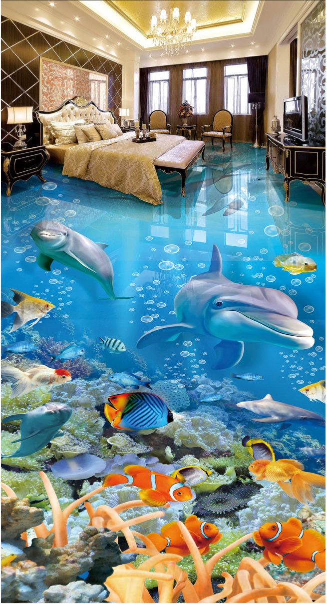 3d pvc flooring custom photo Self-adhesive wall paper floor Sea World Dolphin Coral room home decor 3d wall murals wallpaper for walls 3 d