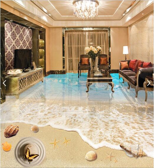 WDBH 3d pvc flooring custom photo Self-adhesive wall paper floor Beautiful seaside beach home decor 3d wall murals wallpaper for living room