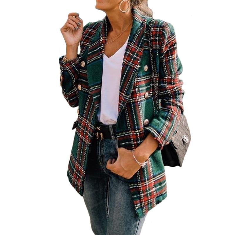 Plaid Tweed Jacket Women OL Office Streetwear Double Breasted Pocket Jackets New Vintage Long Sleeve Coat Veste Femme