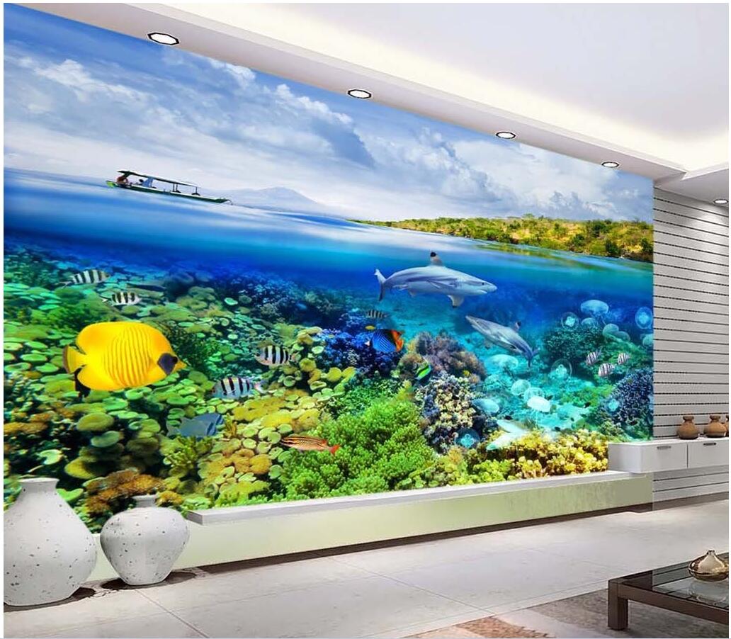 WDBH 3d wallpaper custom photo Blue ocean shark coral tv background painting living room home decor 3d wall muals wall paper for walls 3 d