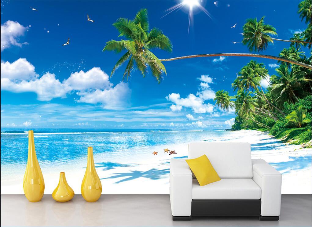 WDBH 3d wallpaper custom photo Sea blue sky white clouds sunny beach coconut palm room home decor 3d wall muals wall paper for walls 3 d