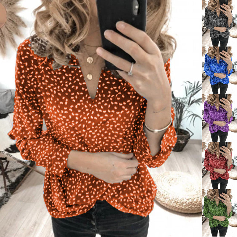 women tshirt designer t shirts fall Long sleeve tops polka dot print blouse v neck womens shirts ladies blouses 6 colors S-5XL