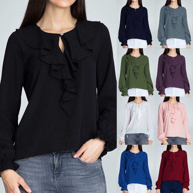 Designer Luxury Women Shirt Chiffon Blouses Autumn Bow Petal Long Sleeve Round Neck Shirts Womens Fashion Casual Solid Color Blouse Plain