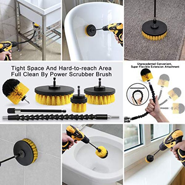 Freeshipping Drill Brush Attachment Set -Drill Brush Kit Scrub Pads & Sponge Power Scrubber Brush with Extend Long Attachment for Grout