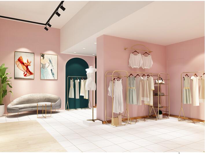 Clothing store clothes display rack Commercial Furniture floor type light luxury women&#039;s cloth shop shelf gold side hanging decorative