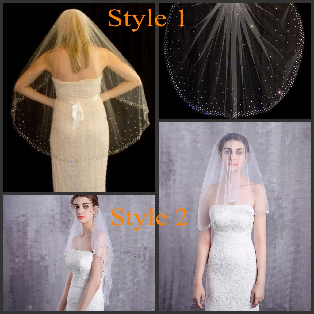 Cathedral - Fingertip Wedding Veils with Crystal Rhinestone Long Tulle White Ivory Bridal Hair Veil Accessories Sequin Beaded Custom Made