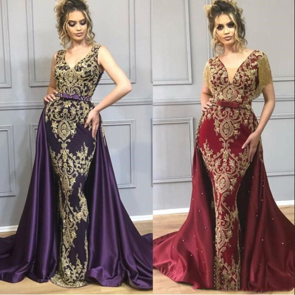 Yousef Aljasmi Mermaid Purple wine Evening Dresses With Overskirt arabic Indian formal mermaid prom dress Gold Lace Tassel Wear Gowns