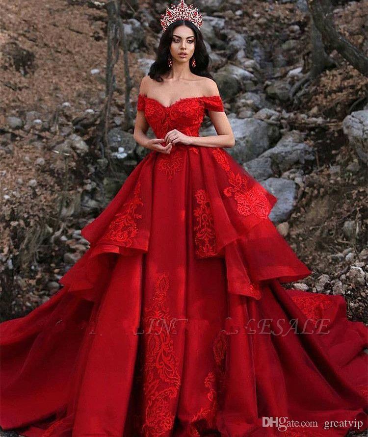 Said Mhamad Princess Red Off Shoulder Prom Dresses Lace Tiered Skirts Ruffles Evening Gowns Plus Size Formal Party Dress robes de soirÃ©e
