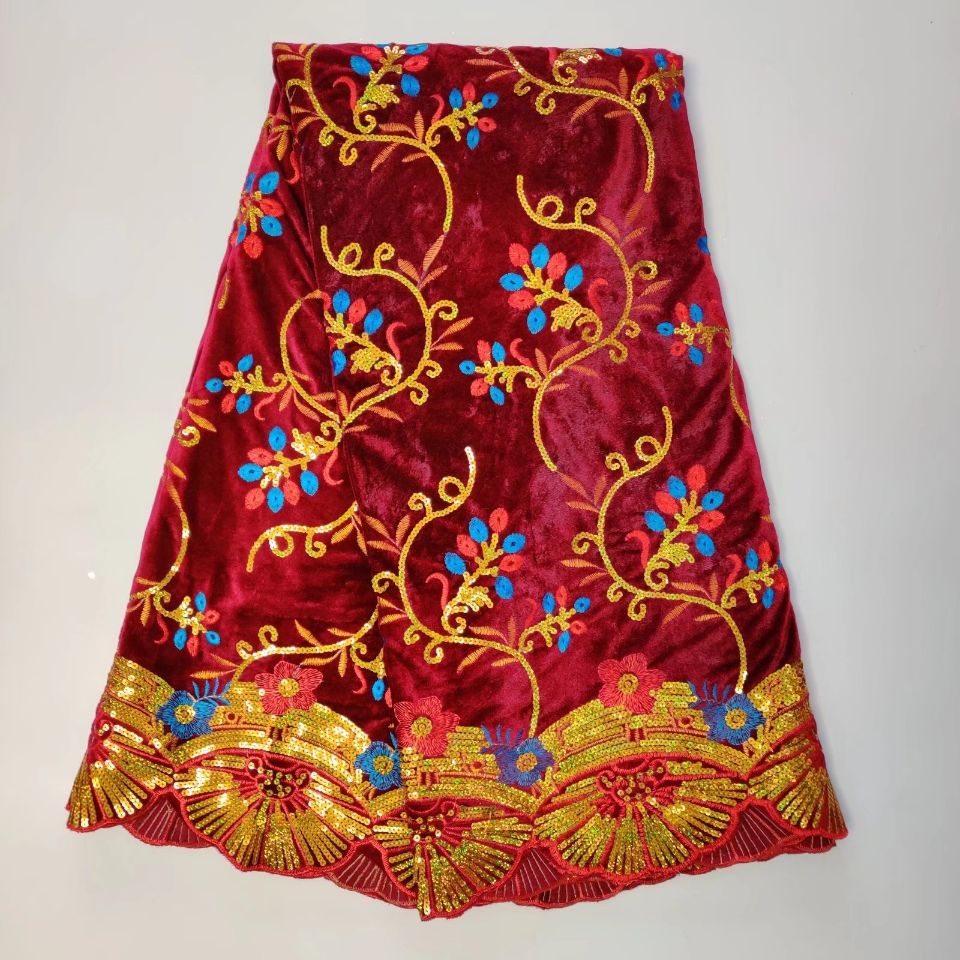 5Yards-pc Fashion wine velveteen lace fabric african soft velvet material with silver sequins for clothes WH13-2