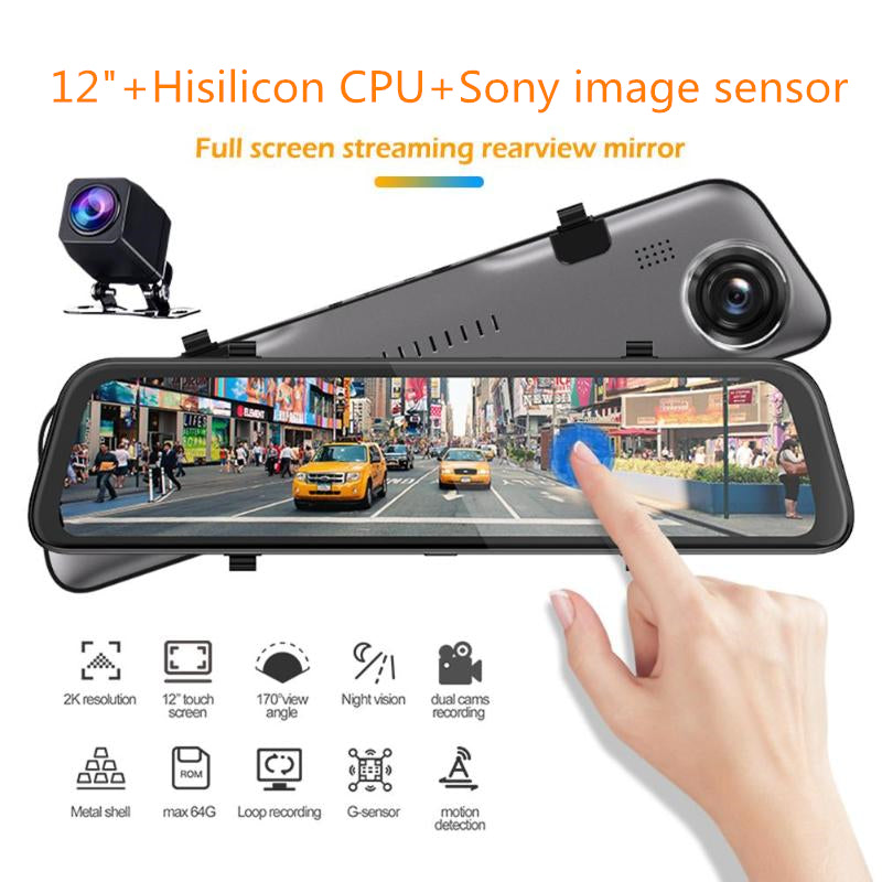 12&quot; big touch screen stream media rearview mirror 2K dashcam car DVR with super slim metal case Hi3559 chip IMX335 sensor 170Â°+140Â° FOV