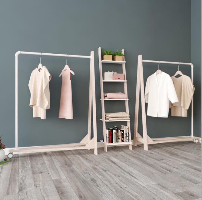 High end clothing store display hanger Bedroom Furniture solid wood iron tube A-shaped single side landing roller Home Hotel shopping mall show shel