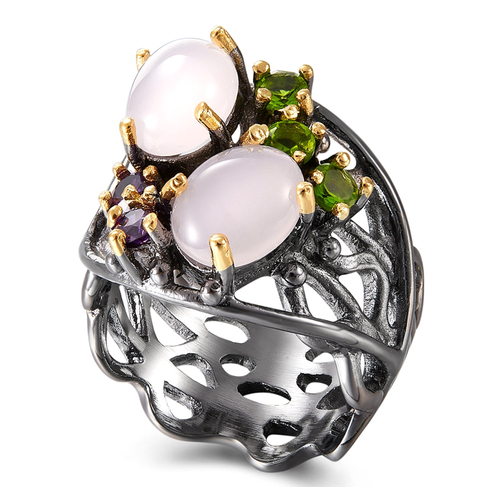 Hollow design Oval Pink Opal stone Ring Trendy Gun Black Jewellery Top quality Fast delivery Women Brass Jewelry rings