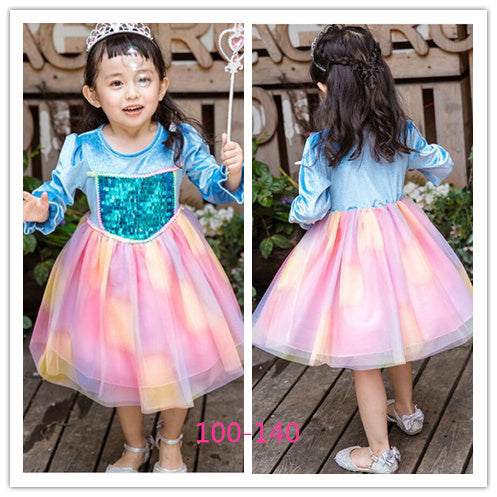 Girl Snow Queen Long Sleeve Princess Rainbow Dress Baby Costume Halloween Party Cosplay Fancy Dresses Kids Sequins Skirts HHC 004