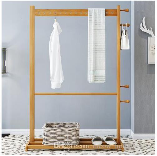 Bamboo hanger clothes tree Bedroom shelf bamboo clothes rack Household floor hanger Bathroom towel rack Bedroom Furniture