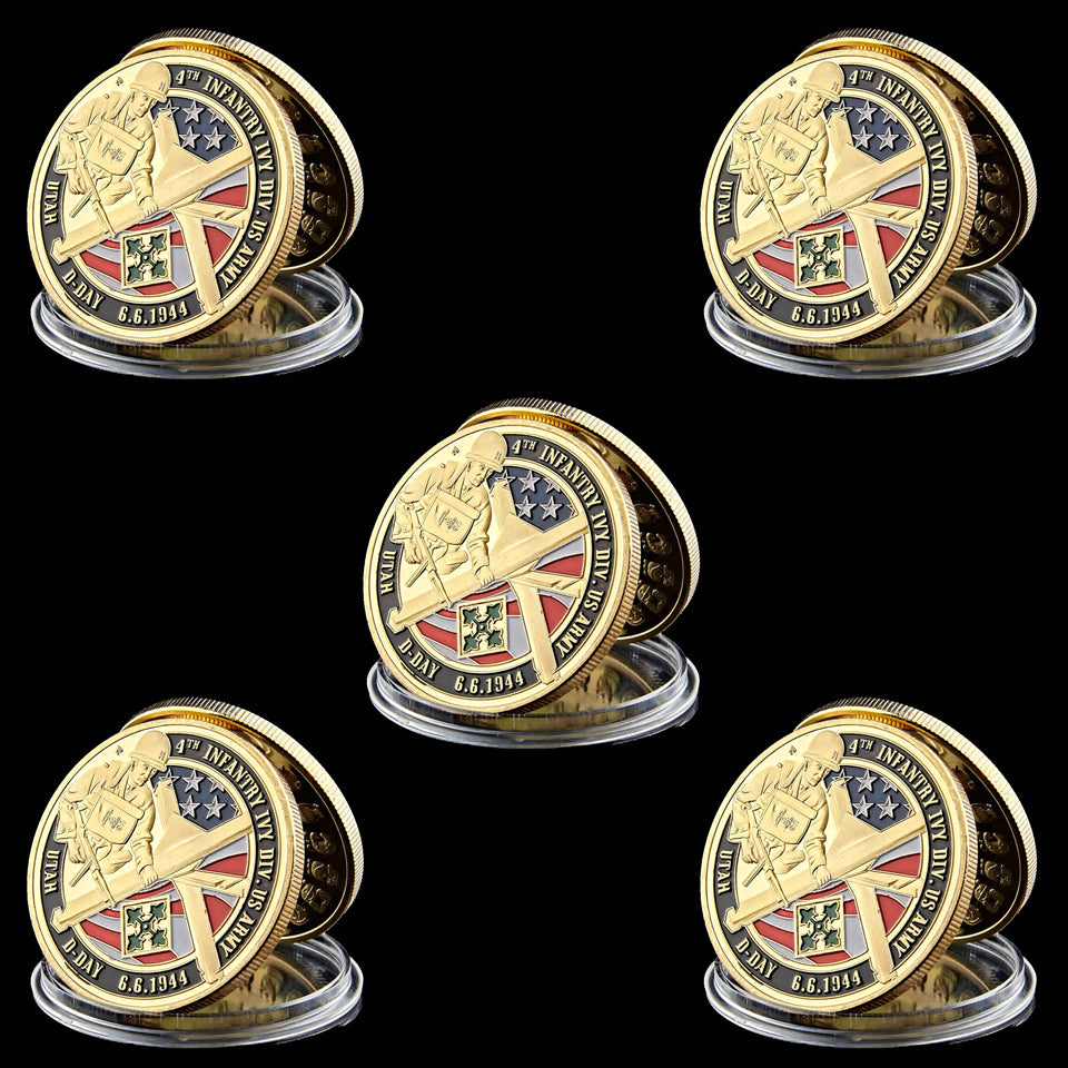 5pcs 1944.6.6 USA Army Craft Infantry Utah D-Day Omaha Beach Military 1oz Gold Plated Challenge Coin With Capsule