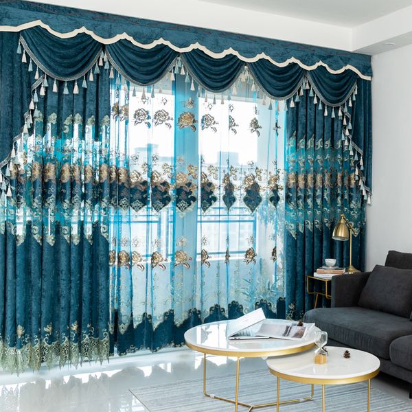European Velvet Embroidery Chenille Bedroom Curtains for Living Room Modern Tulle Window Curtain Valance Decorate T200323