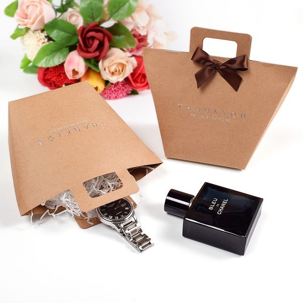 Gift bag thank you gift box with handle foldable wedding kraft paper candy chocolate perfume packaging small