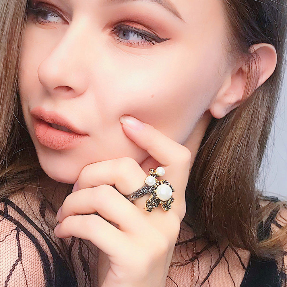 Punk Irregular Pearl Ring Gun Black Vintage Jewellery for Cocktail Party Flying butterfly Rings