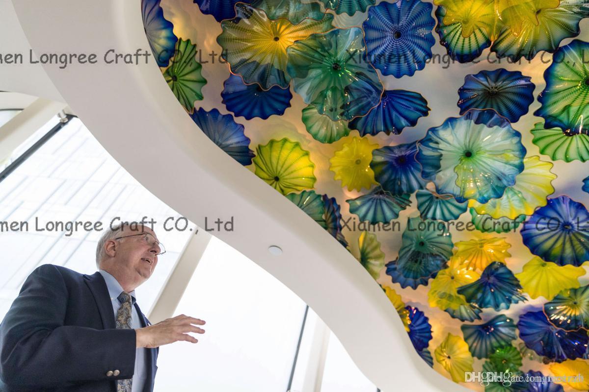 Elegant Luxury Hand Blown Glass Hanging Plates Irregular Wave Shape Style Murano Flower Glass Plates Ceiling Dome Art Sculpture