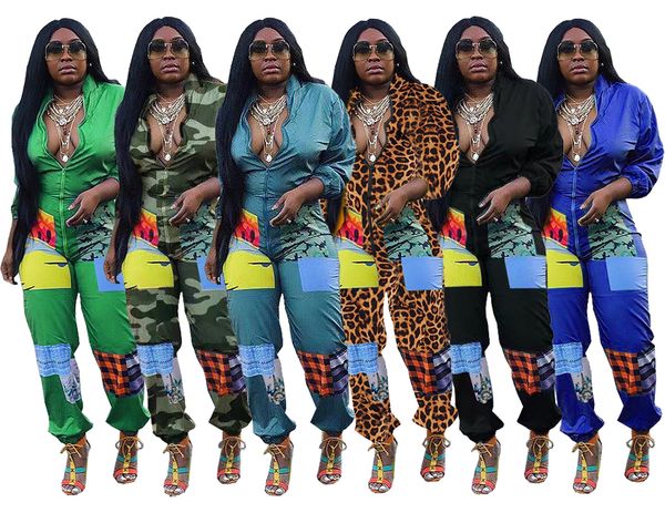 Spot Jumpsuits Europe and the United States spring autumn fashion casual printing Mock Neck zipper long sleeve Jumpsuit