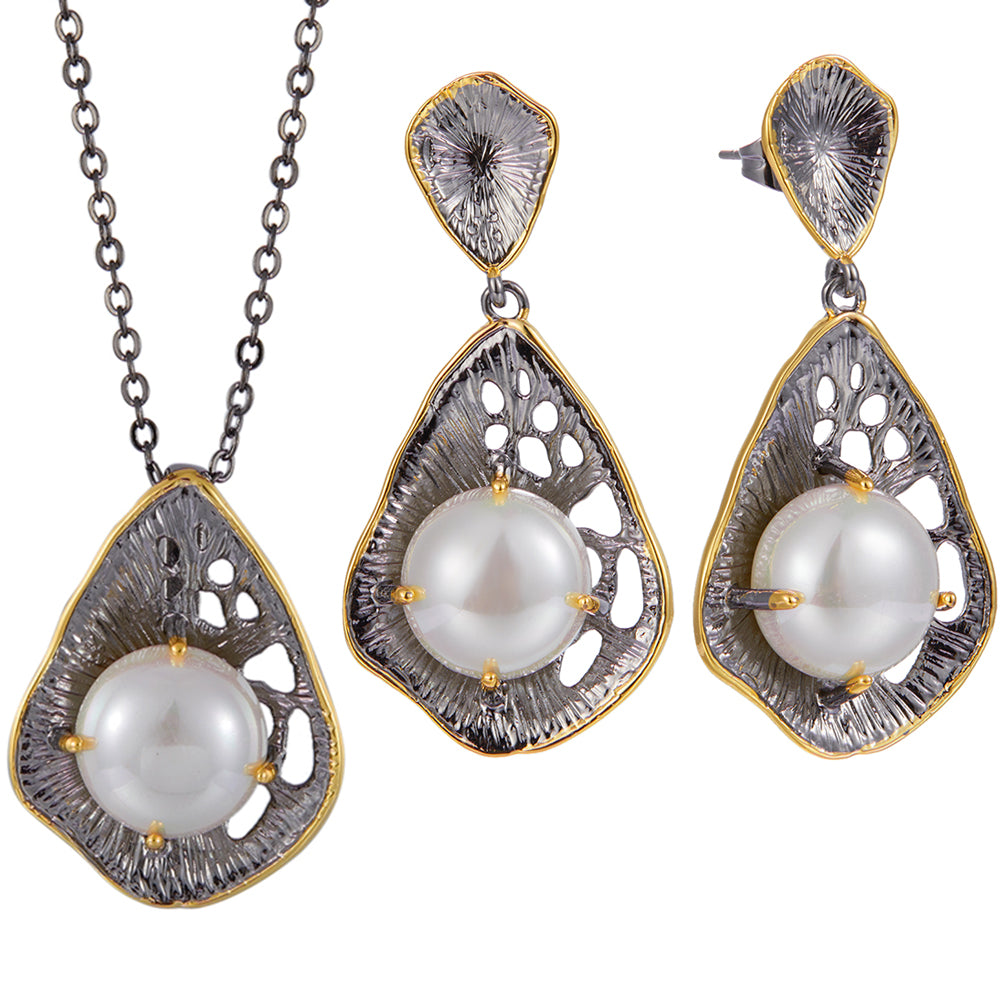 Big Pearl Necklace Drop Earrings sets Vintage Jewelry 2 Tone Black Women&#039;s Accessories Jewellery 2pcs set