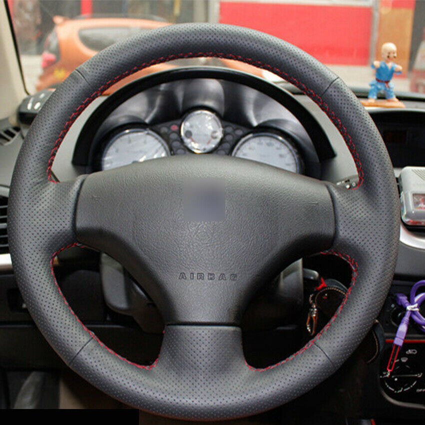 Black Leather Hand-stitched Car Steering Wheel Cover for Peugeot 206 207