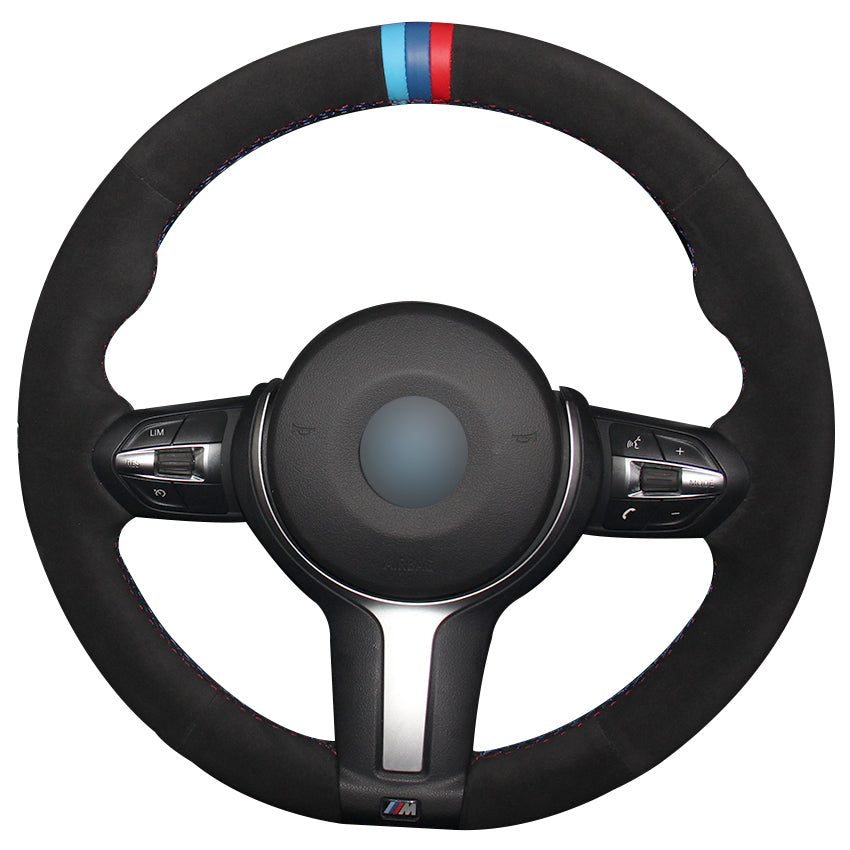 Hand sewing custom Black Suede with Light Blue Blue Red Marker Steering Wheel Cover for BMW F87 M2 F80 M3 F82 M4 M5 F12