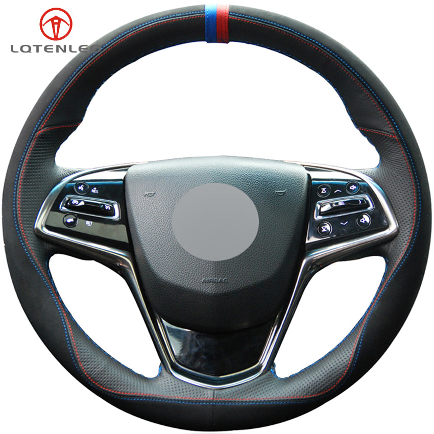 Black Suede Black Genuine Leather Car Steering Wheel Cover For Cadillac ATS ATS-L 2013-2019 CTS 2014-2017 ELR 2014-2018