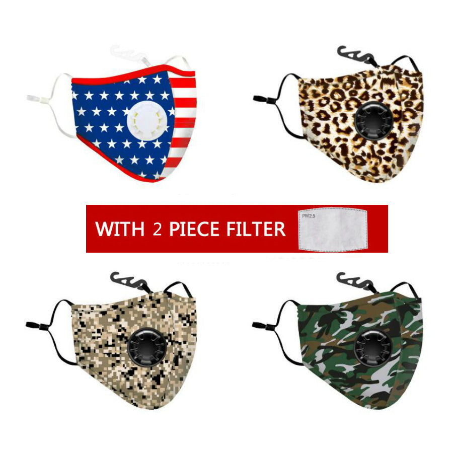 Fashion Leopard camouflage Cotton Face Masks with Breath Valve PM2.5 Mouth Mask Anti-Dust Reusable fabric mask with 2 filters inside
