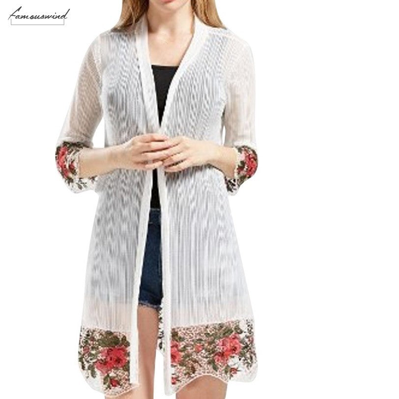 New Women Floral Embroidered Long Jacket Summer Net Cardigan Casual Long Sleeved Thin Coats Ladies Vintage Beach White Outerwear
