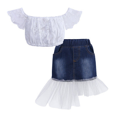 2020 New Girls Sets Children Summer Suit Skirts Strapless Tops + Fashion Mesh Jeans Skirts 2020 Style Children Two-piece Kids Casual Suits