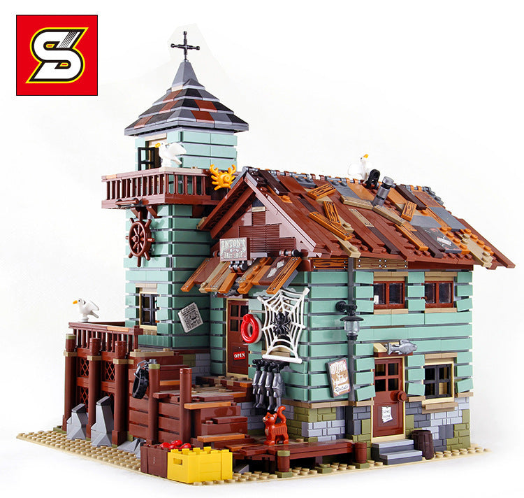 Fisherman&#039;s hut 16050 with S brand 1147 and Lego city street view building assembled enlightenment building blocks