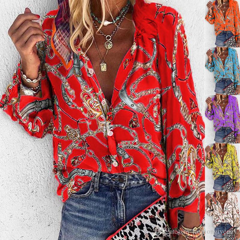 Designer Chain Printed Womens Shirts Fashion Plus Size Long Sleeve Blouses Casual Single Breasted Women Tops
