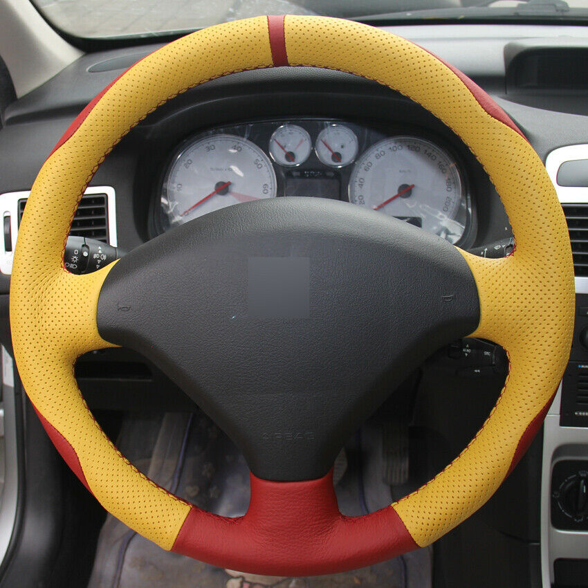 DIY Hand seam Red Yellow Leather Hand-stitched Car Steering Wheel Cover for Peugeot 307