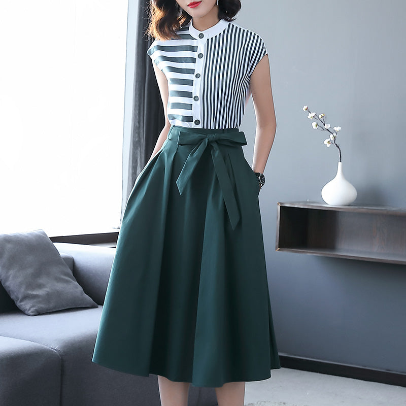 Summer Women Office Two Piece Set Casual Striped Shirts Blouses and Bow Midi Skirt Female Business Formal Skirt Suit Sets