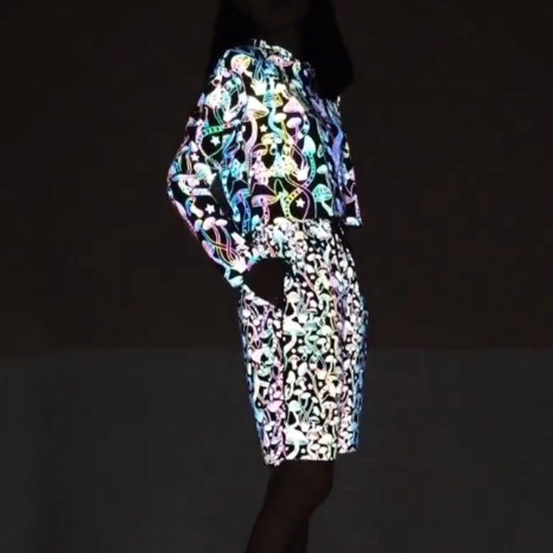 Jumper TrackSuits women Cartoon Mushroom Drawstring Reflective Sport Track Suit Rainbow Holographic Crop Hoodie And Shorts Glow