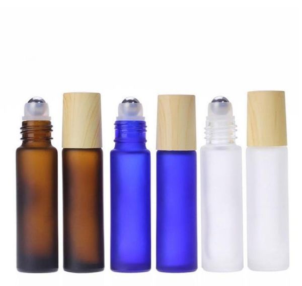 Frosted Amber Clear Blue 5ml 10ml Glass Roll On Bottles Wooden Grain Lid Roller Bottles with Stainess Steel Ball for Essence