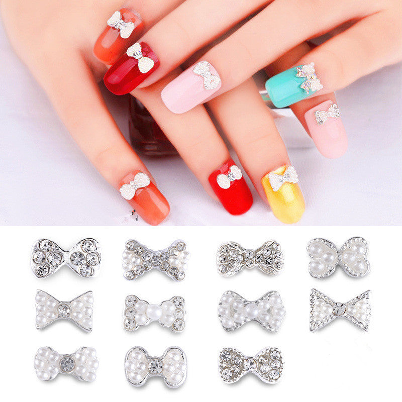 Silver Bow Tie Nail Alloy + Crystal AB Rhinestones Tiny Bow Glitter Charm 3D Nail Jewelry Nail Art Decorations F553