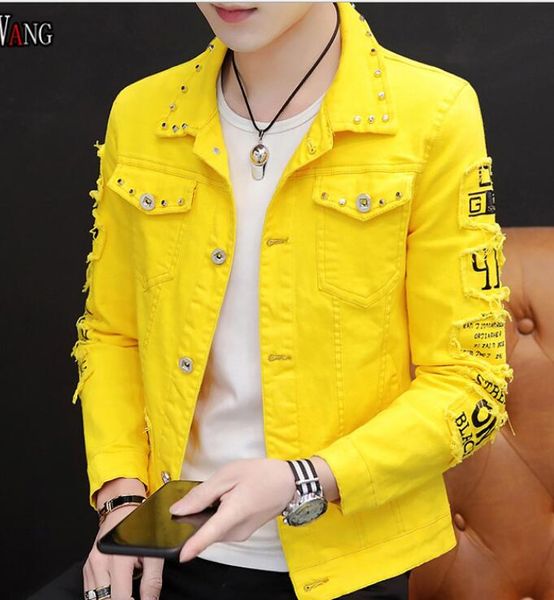 Spring Men Denim Jacket male Korean version hole trend rivet jacket COAT JEAN Outerwear