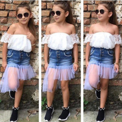 Girls Two Pieces Set Children Summer Suit Skirts Strapless Tops + Fashion Mesh Jeans Skirts Children Two-piece Kids Casual Suits