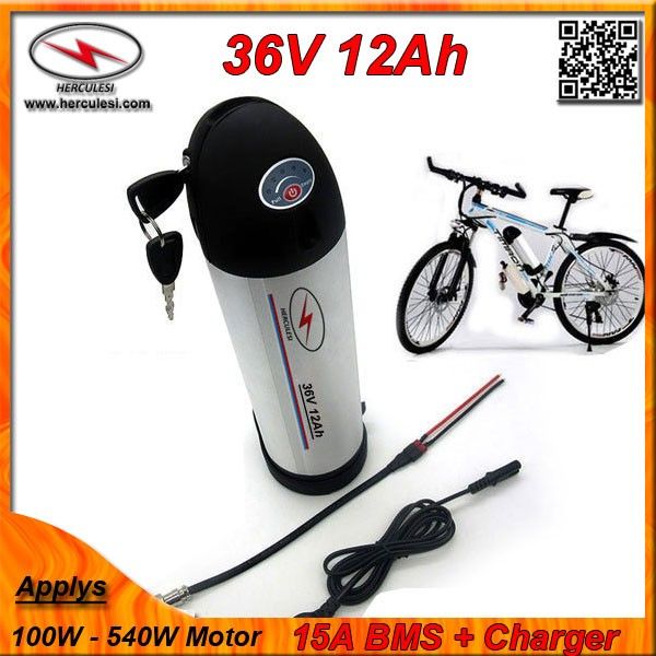 Free Shipping 540W electric bike kettle Bottle 36v 12ah battery with 3.7V 2000mAh cell 15A BMS 2A charger