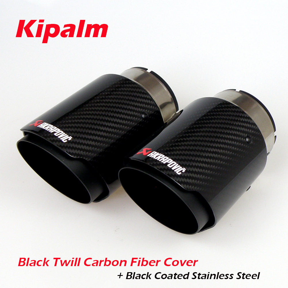 Universal Akrapovic Carbon Fibre Car Exhaust Pipe Muffler Tip Glossy Twill Carbon Fiber Cover + Black Coated Stainless Steel